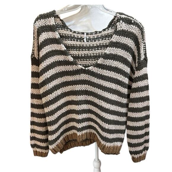 Free People Portland Striped V-Neck handknit chunky Sweater Brown 2375 - Picture 5 of 9